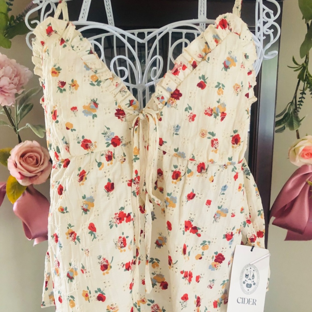 Cider Cream Floral Ruffle Tie-Front Tank Top - Picture 2 of 8